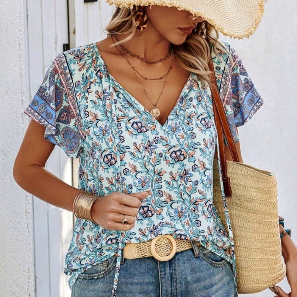 * New Boho Tribal Floral Print Tie Top Blouse Blue White